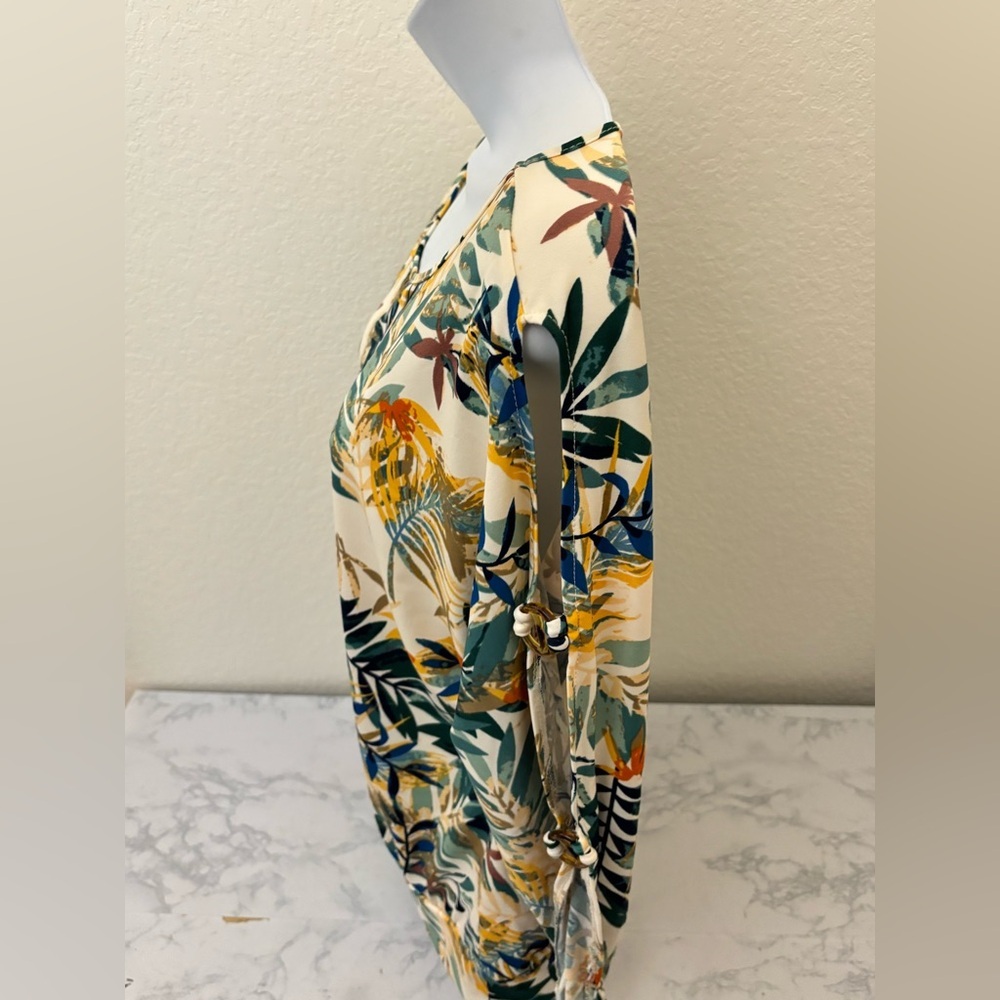 PerSeption Concept Women's Tropical Sz M Top Shirt Long Cold Shoulder Sleeve​ - Picture 2 of 5